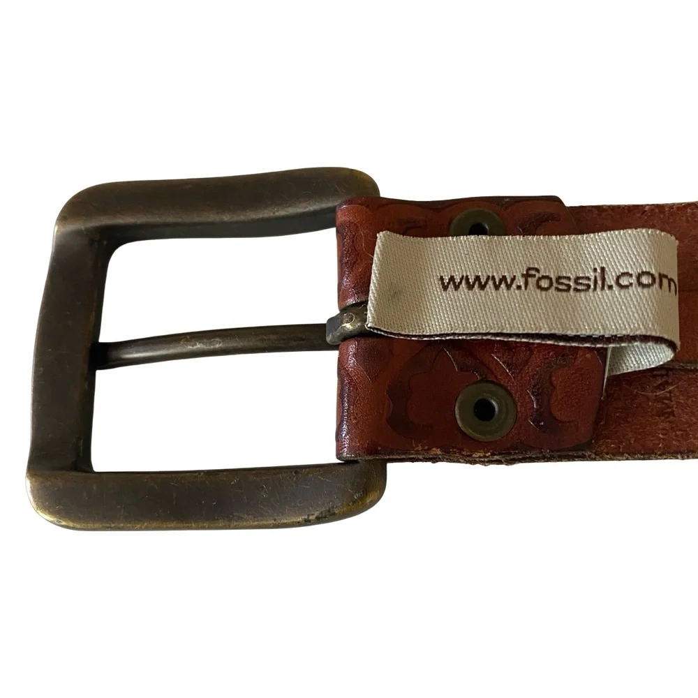 Vintage Fossil Embossed Leather Belt Brown Size L